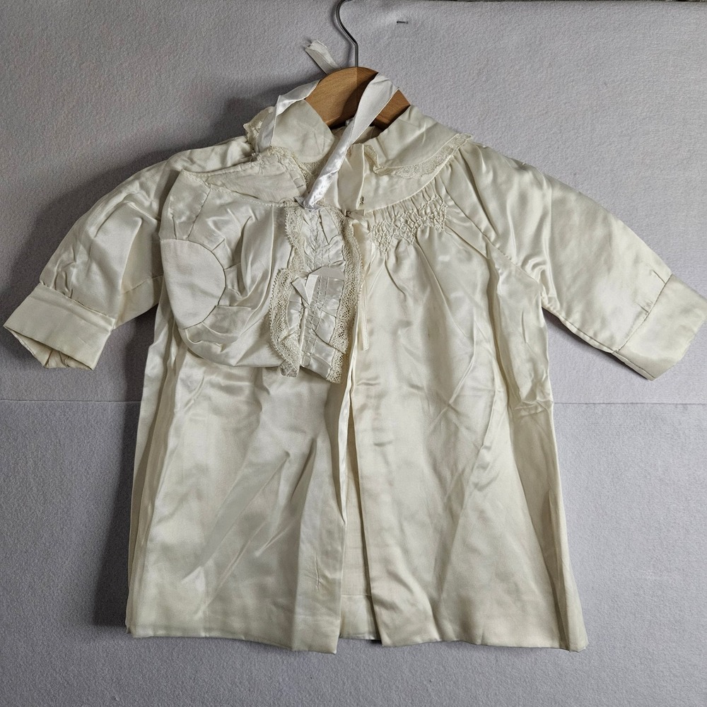 Vintage Ivory Satin Christening Gown Set Coat Bonnet Lace Smocked Baptism 6-9mos